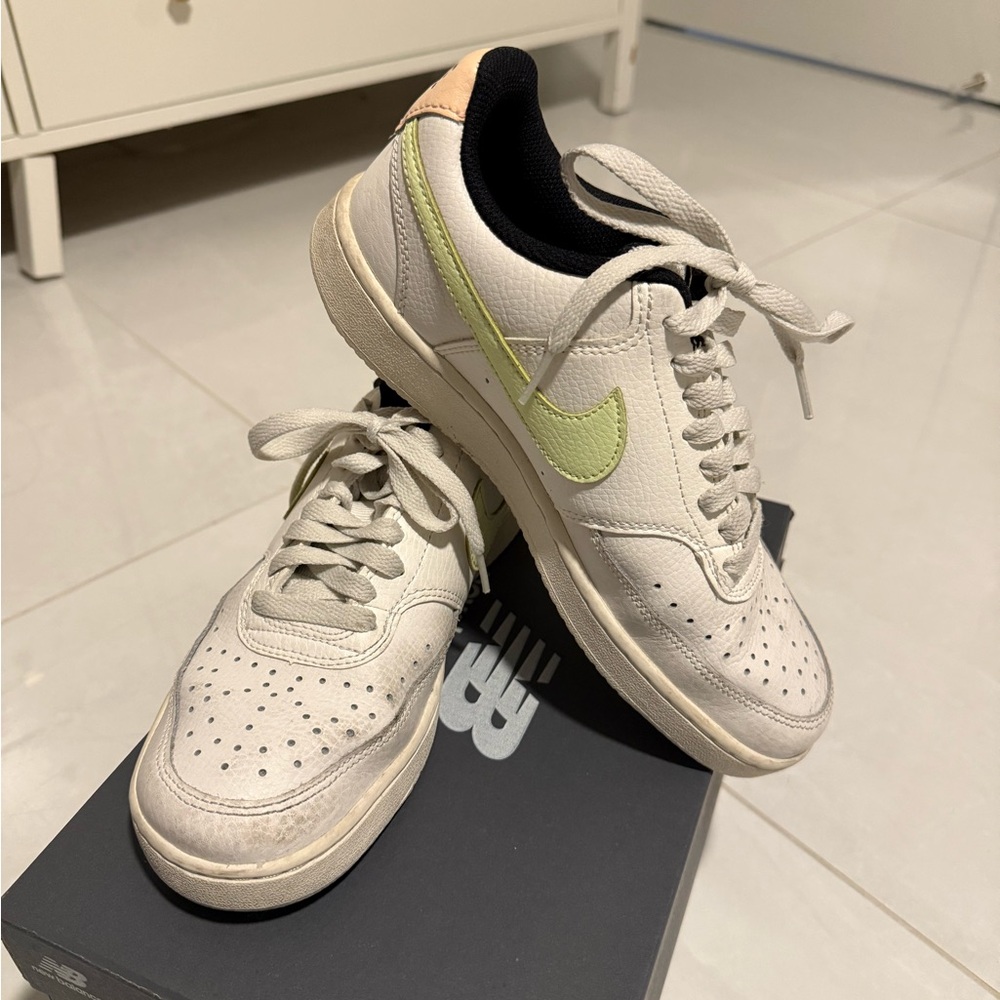 Nike White Leather Sneakers with Lime Swoosh
